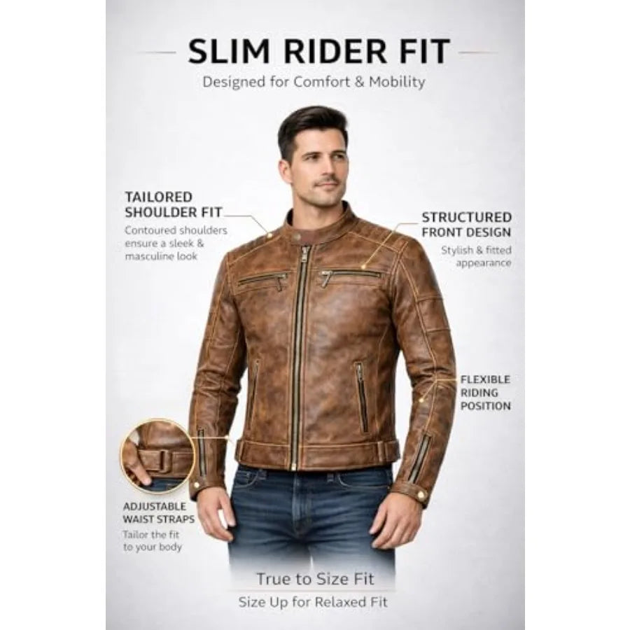 Mens Distressed Biker Jacket With Armor Pockets And Removable Liner