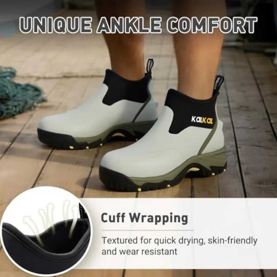 Kalkal Men Waterproof Rubber Ankle Rain Boots Insulated Work Shoe
