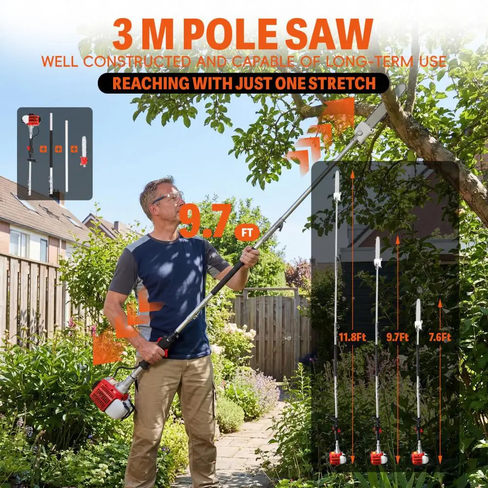 Gas Powered Pole Saw 26cc Extendable Reach 9.8 Feet