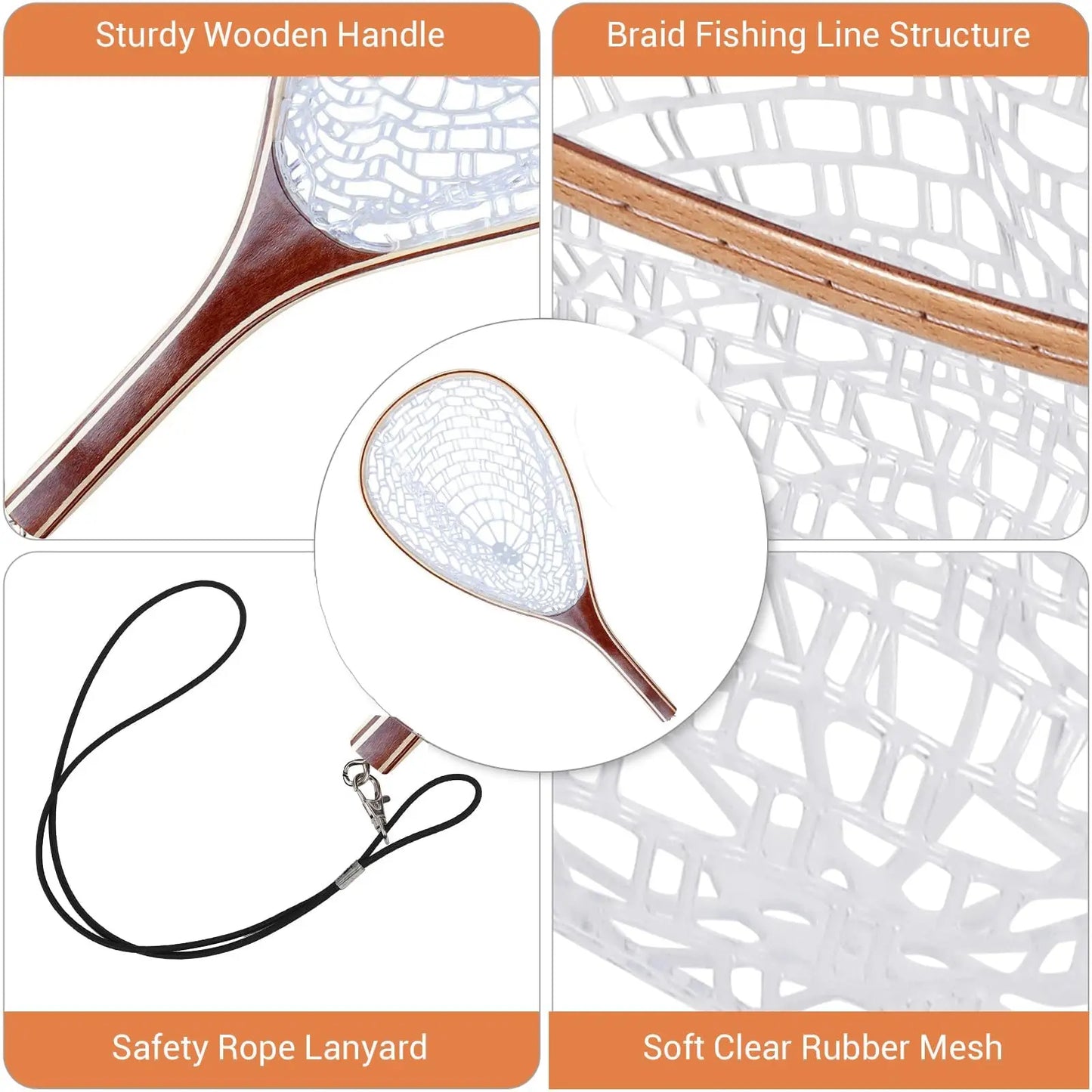 Wooden Frame Fly Fishing Landing Net With Soft Rubber Mesh