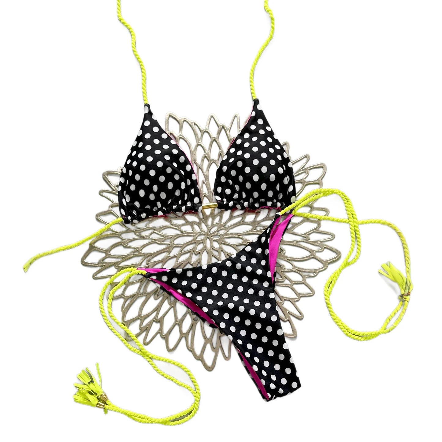 Polka Dot Two Piece Bikini Set Halter Top String Tie Side Swimwear