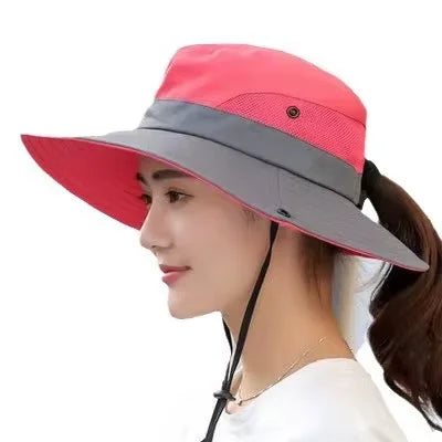 Breathable Mesh Wide Brim Sun Hat With Ponytail Hole For Beach And Fishing