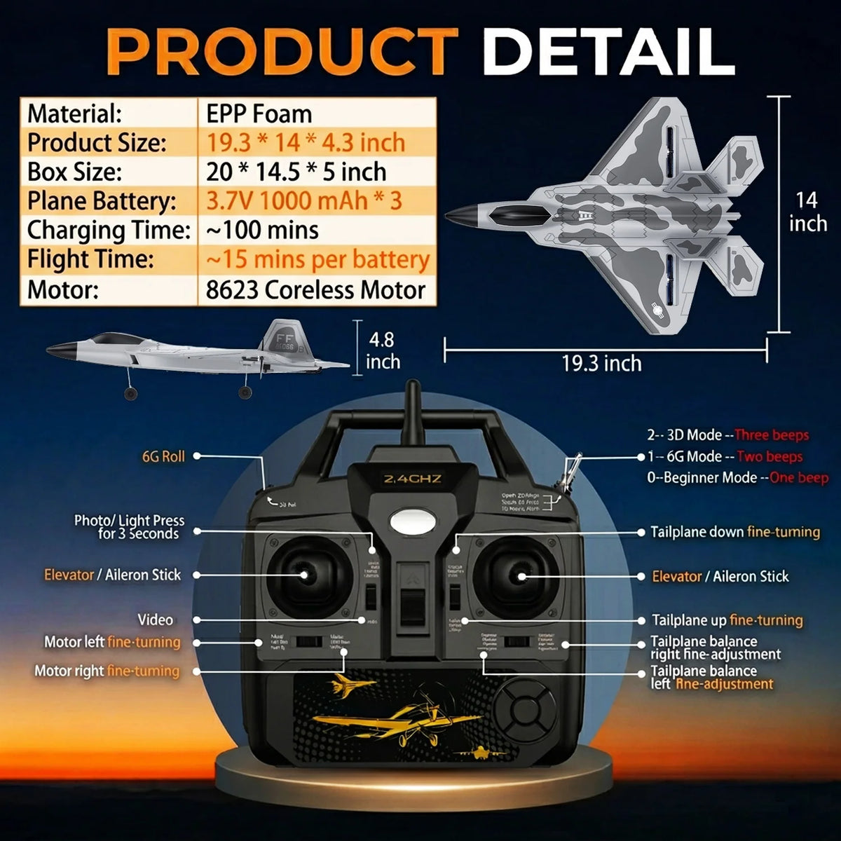 RCkuler F22 4 Channel RC Airplane Ready To Fly Lights