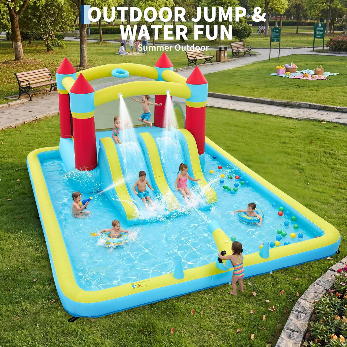 HiMISS Inflatable Bounce House With Slide 7 In 1 Water Park Splash Pool