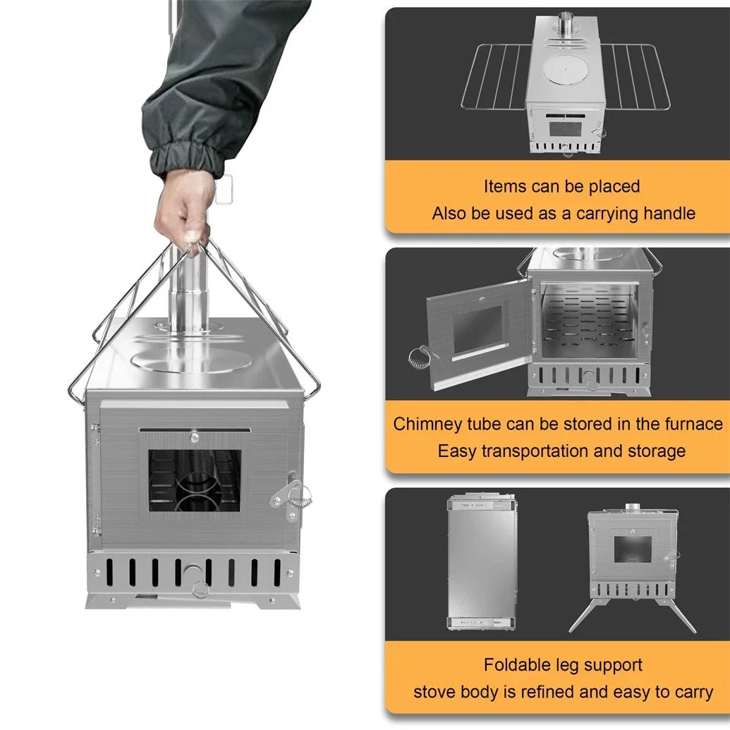 Wood Burning Portable Stove With Six Stainless Chimney Pipes For Outdoors