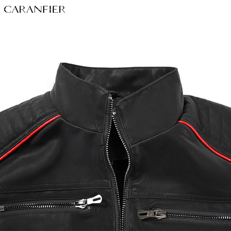 CARANFIER Mens Leather Jacket Washed Retro Velour PU Biker Coat