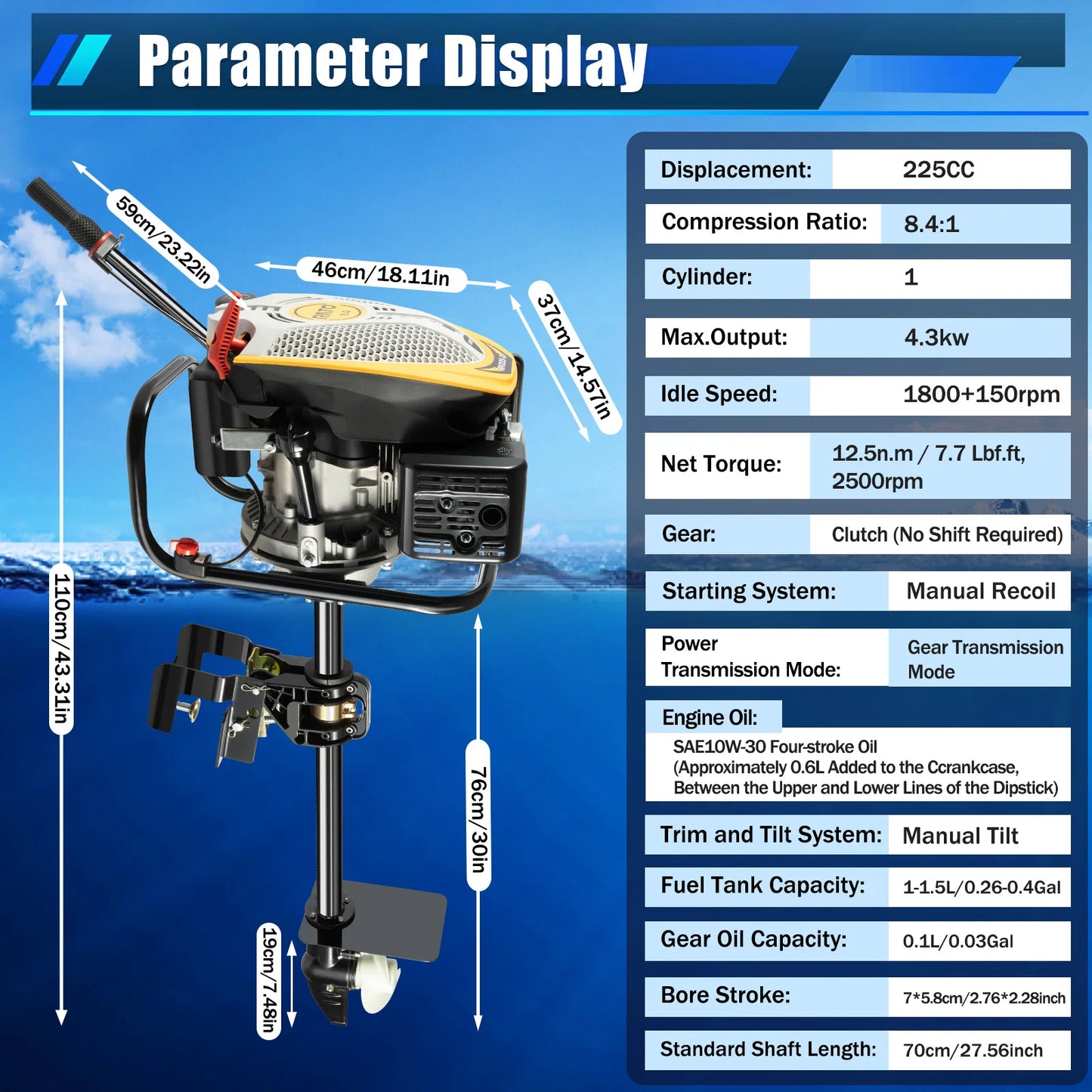 Bymaocar 9HP 225CC 4 Stroke Air Cooled Outboard Marine Motor