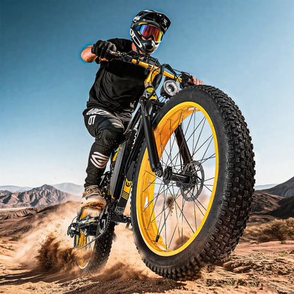 Helmeted rider on a black and yellow EOEOTWO electric bike on a dusty mountain trail