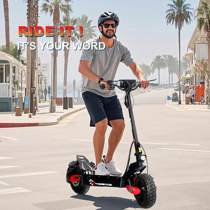 Helmeted rider on a Red EOEOTWO GT06 electric scooter along a palm-lined street