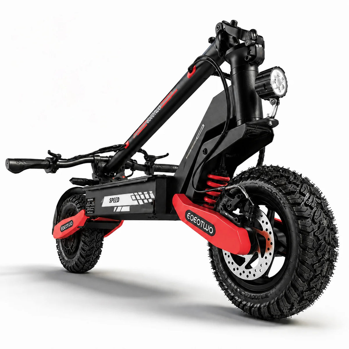 Folded Red EOEOTWO GT06 electric scooter viewed from the front on white background