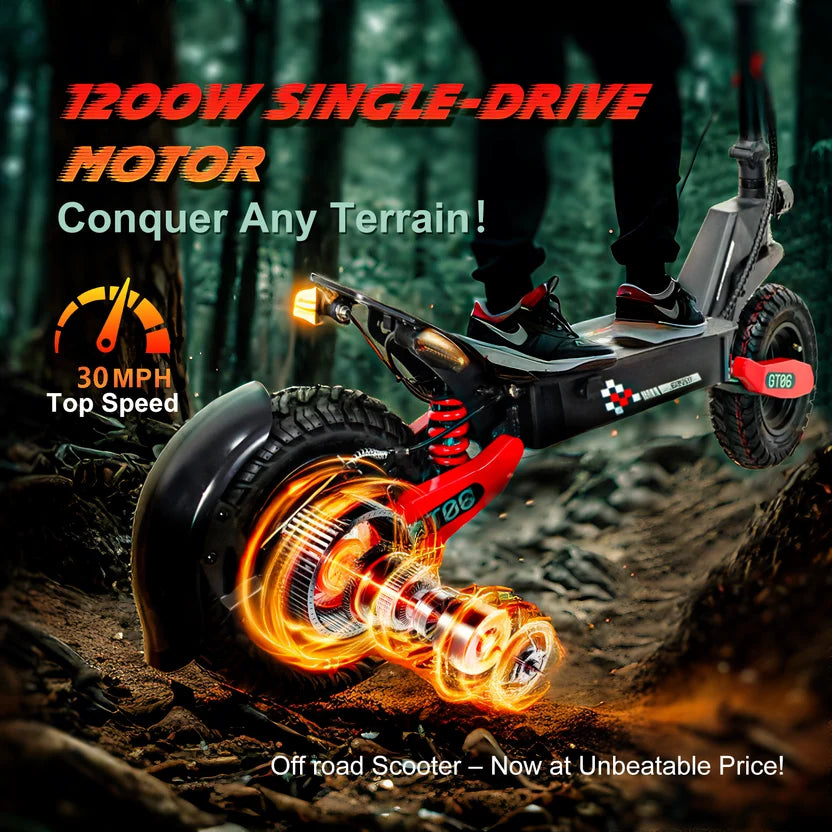 Red GT06 supplier graphic advertising a 1200W single-drive motor and up to 30 mph