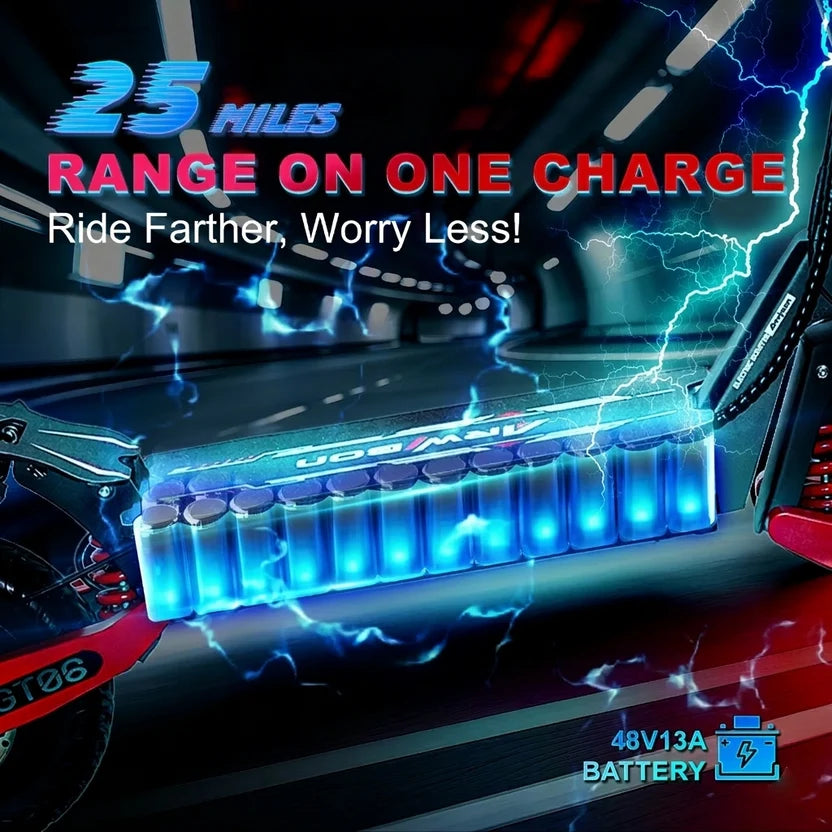 Red GT06 supplier battery graphic advertising 48V 13Ah and up to 25 miles per charge
