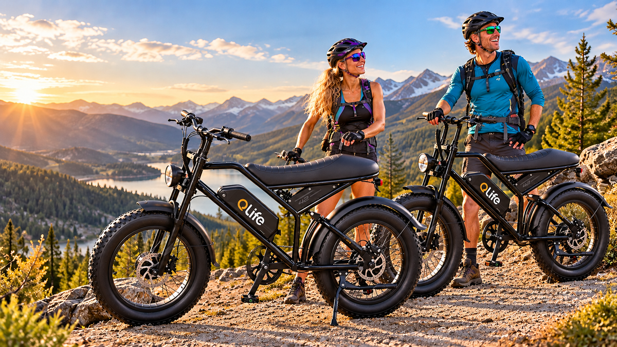 AI-generated lifestyle illustration of two helmeted adults beside Qlife-style bikes at a mountain overlook