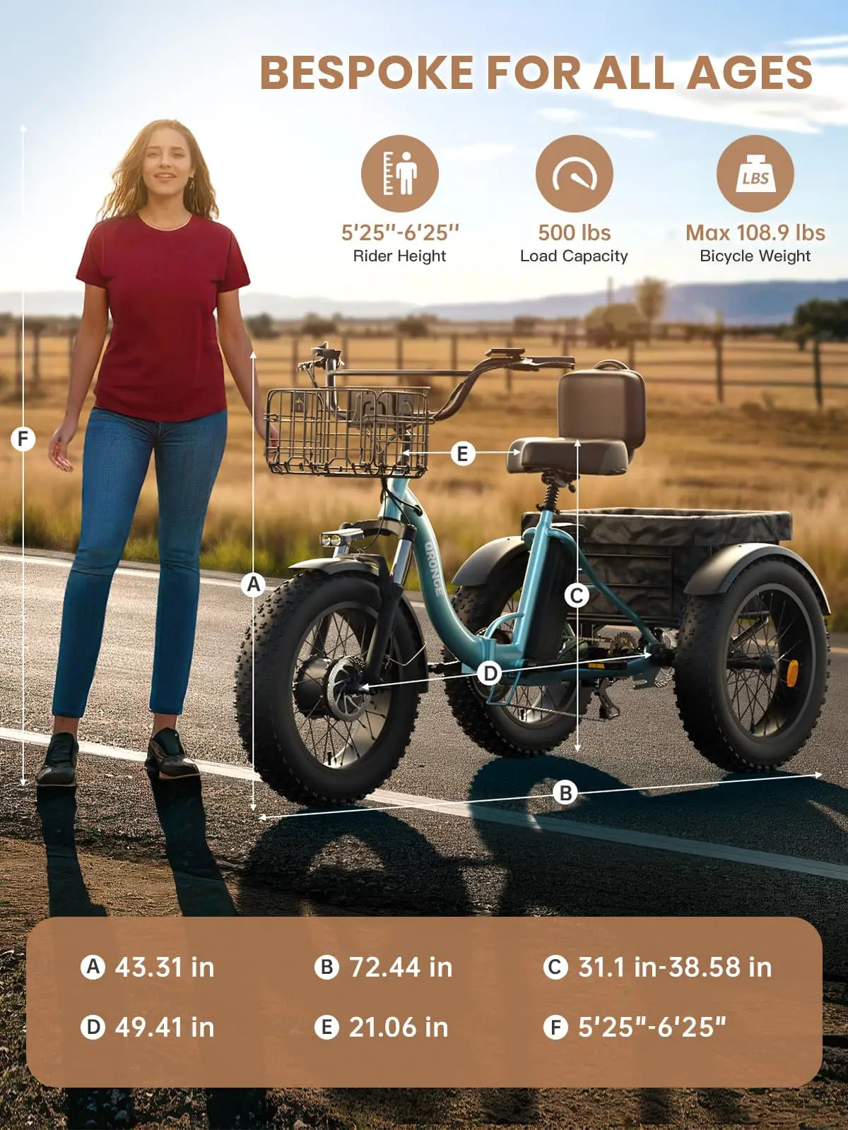 QRONGE Lava Electric Tricycle For Adults 960W 50 Mile Range