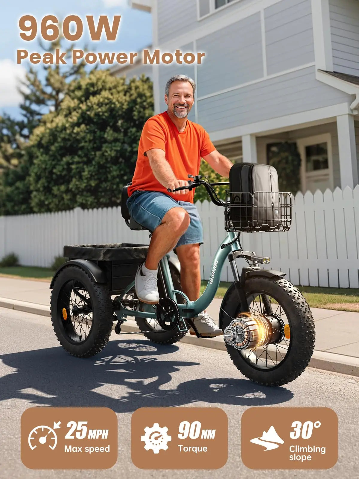QRONGE Lava Electric Tricycle For Adults 960W 50 Mile Range