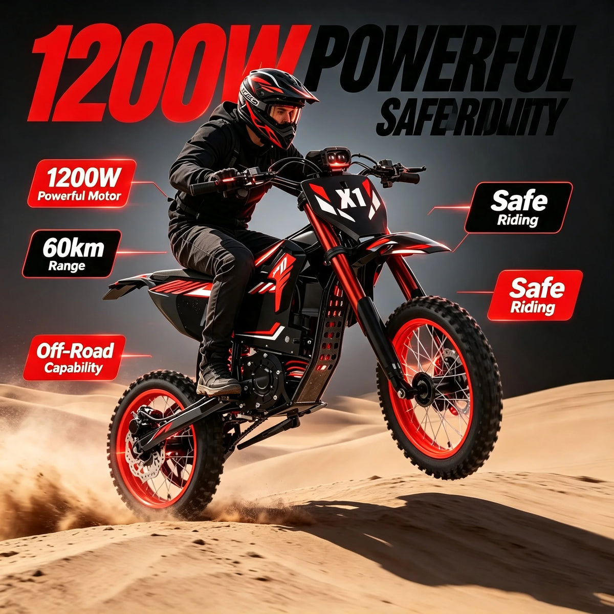 Tolife 1200W Electric Dirt Bike 48V Off Road Motorcycle