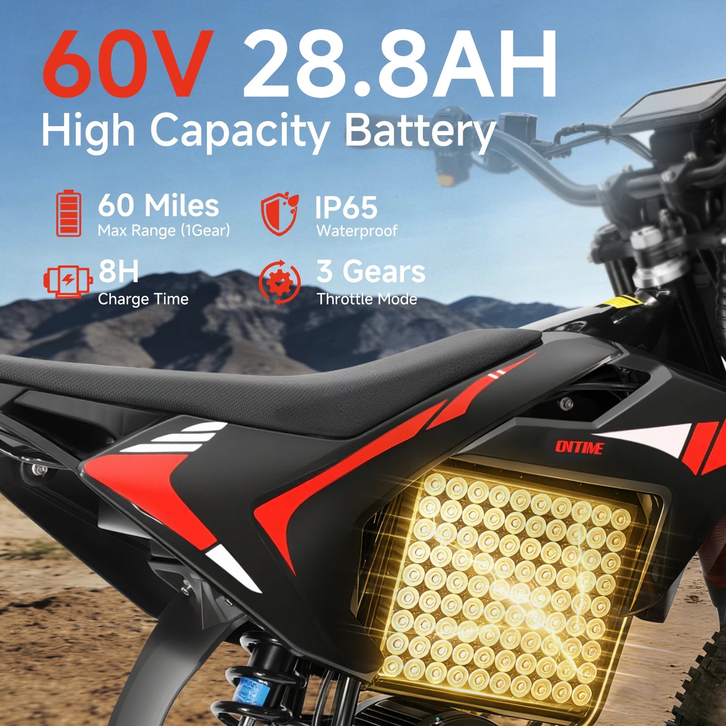 Electric Dirt Bike 4500W Peak 60V 28.8Ah Battery 50 MPH