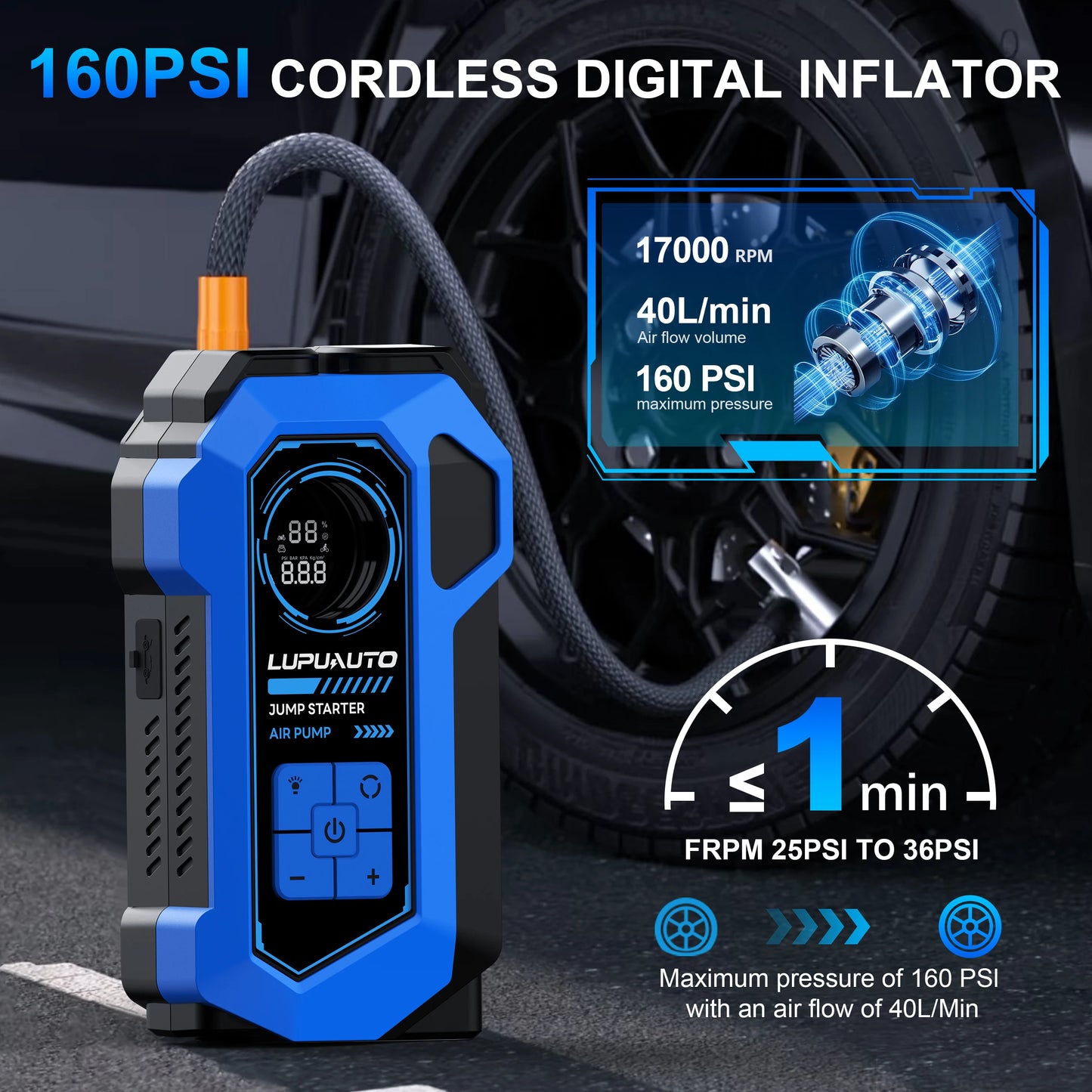 8000A Car Jump Starter With Air Compressor 160 PSI Portable Battery Booster