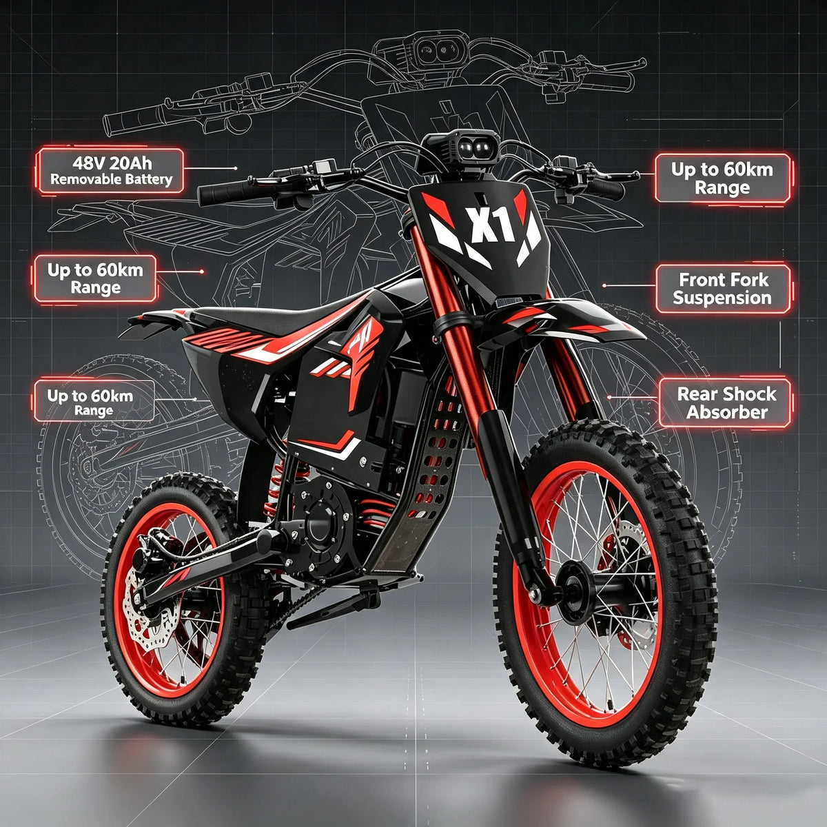 Tolife 1200W Electric Dirt Bike 48V Off Road Motorcycle