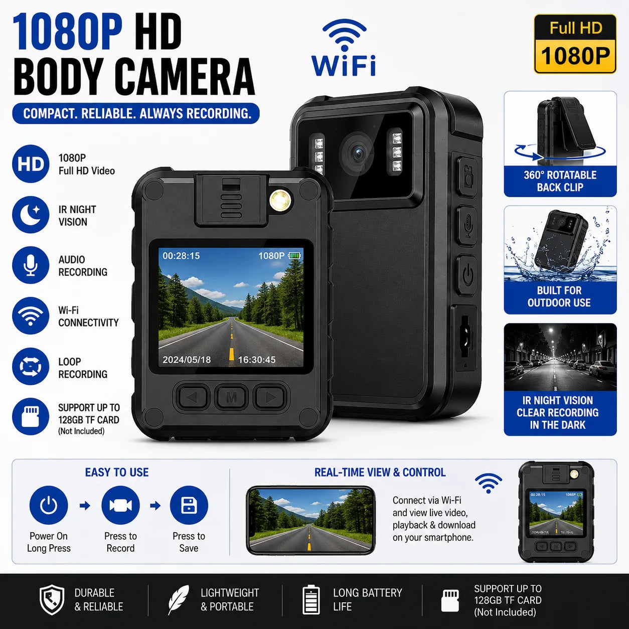 1080P HD WiFi Body Camera IR Night Vision Loop Recording