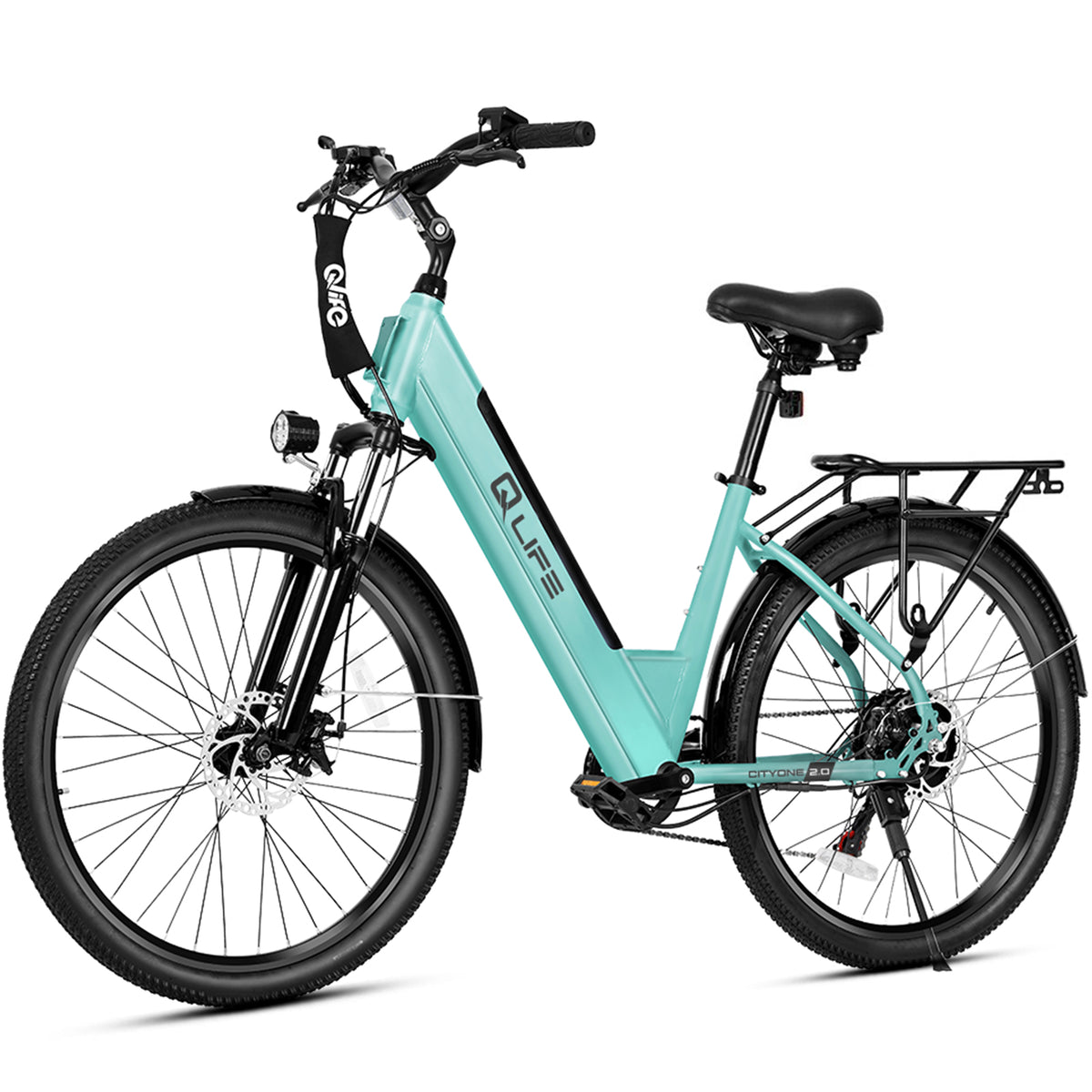 Blue Qlife CITYONE 2.0 step-through electric bike with light teal-blue finish, supplier photo
