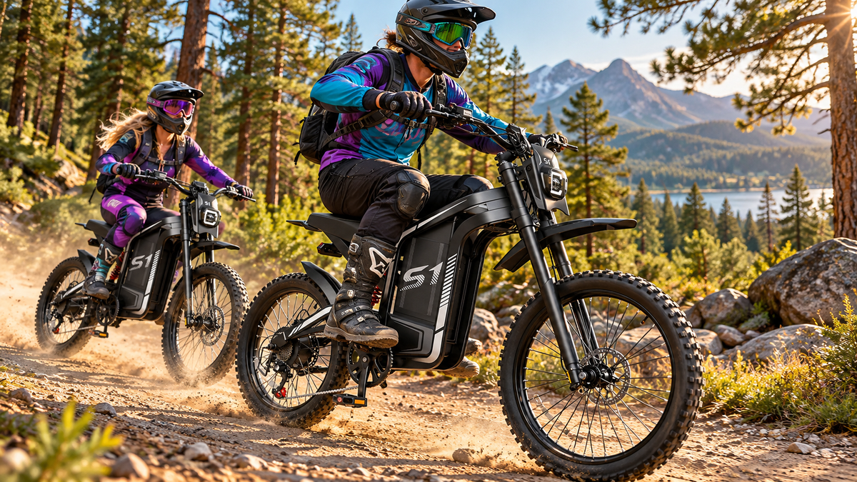AI-generated lifestyle illustration of two riders on S1-style bikes on a forest trail