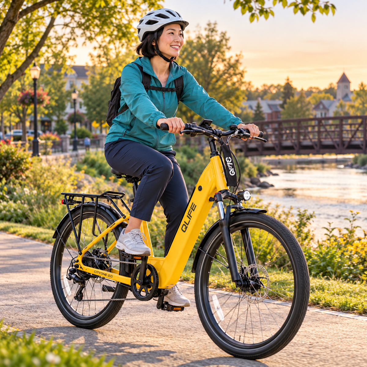 AI-generated lifestyle illustration of a helmeted woman in a teal jacket riding a yellow Qlife CITYONE 2.0 electric bike beside a river and footbridge.