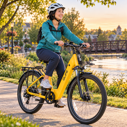 AI-generated lifestyle illustration of a helmeted woman in a teal jacket riding a yellow Qlife CITYONE 2.0 electric bike beside a river and footbridge.