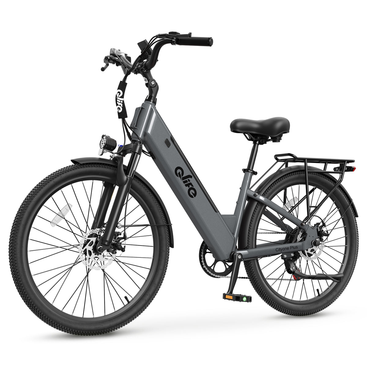 Gray Qlife CITYONE PLUS step-through electric bike, manufacturer photo