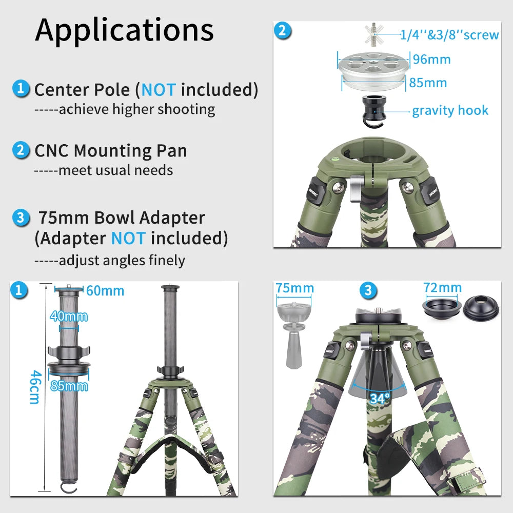 INNOREL RT90CG Camouflage Carbon Fiber Tripod 40mm Professional Birdwatching Heavy Duty Camera Stand 40kg Load for DSLR Cameras