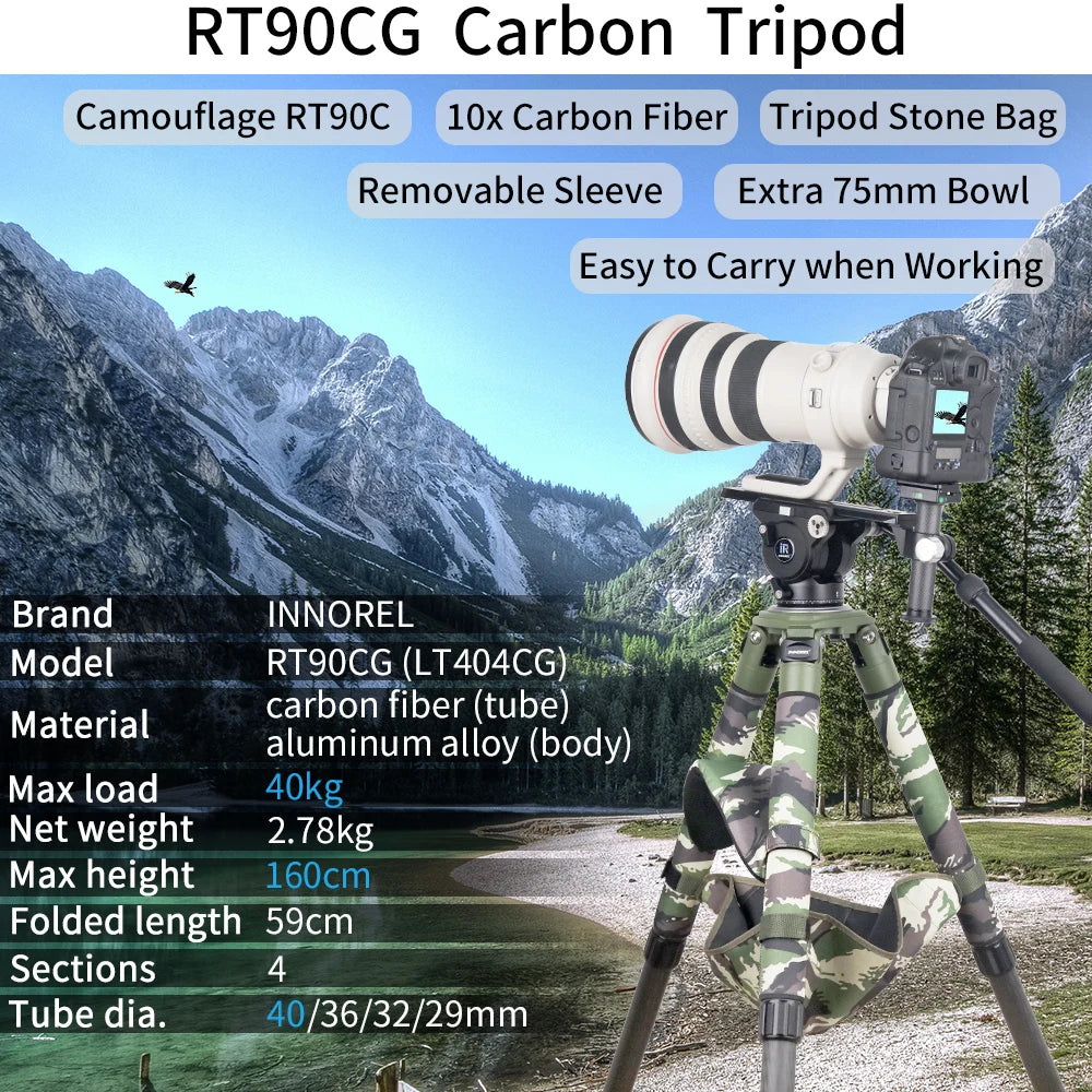 INNOREL RT90CG Camouflage Carbon Fiber Tripod 40mm Professional Birdwatching Heavy Duty Camera Stand 40kg Load for DSLR Cameras