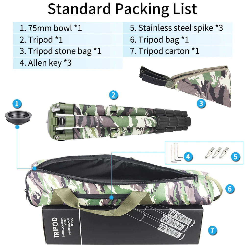 INNOREL RT90CG Camouflage Carbon Fiber Tripod 40mm Professional Birdwatching Heavy Duty Camera Stand 40kg Load for DSLR Cameras