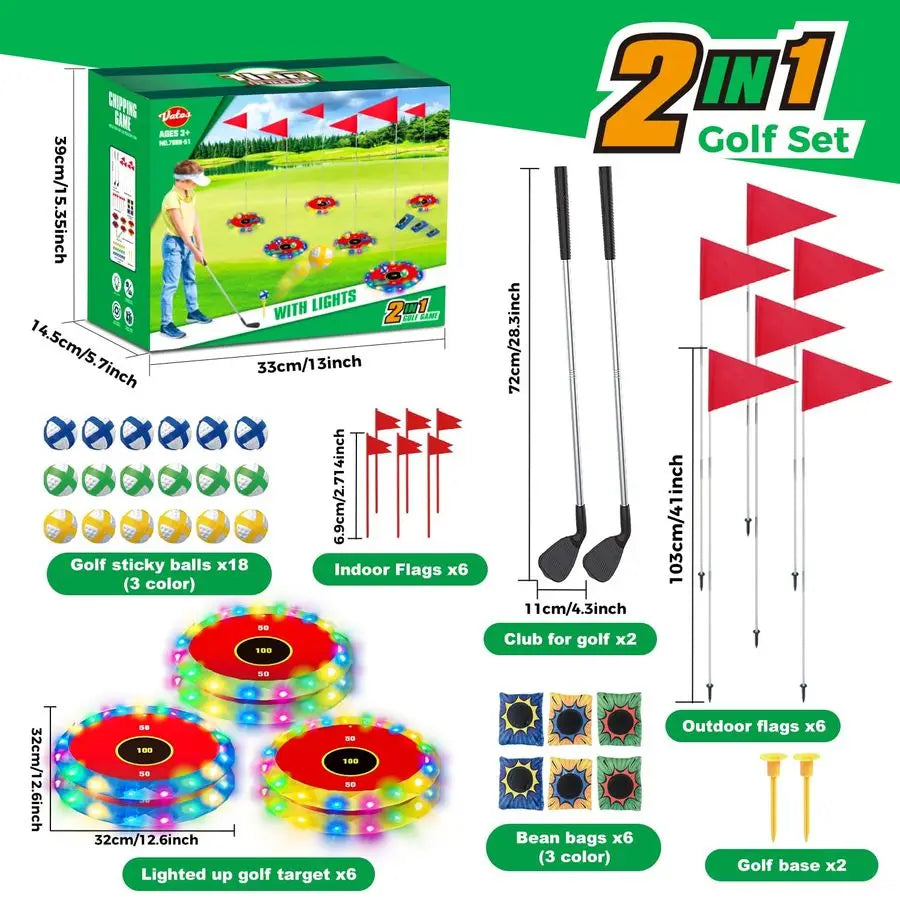 2in1 Light up Golf for Kids Golf Chipping Game amp Bean Bag Toss with 6 LED Targets, 2 Clubs, 18 Balls, Night Golfs Play for Ind