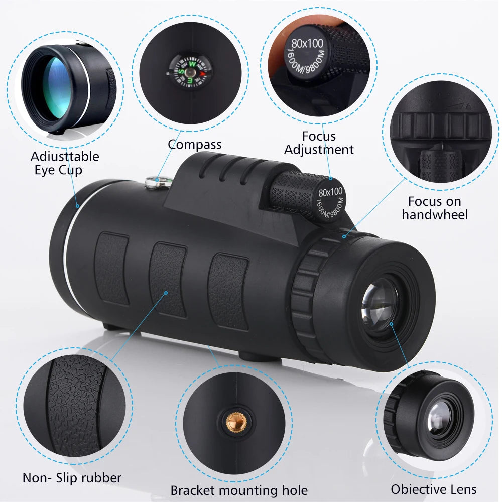 High Power Monocular Telescope With Phone Holder And Tripod