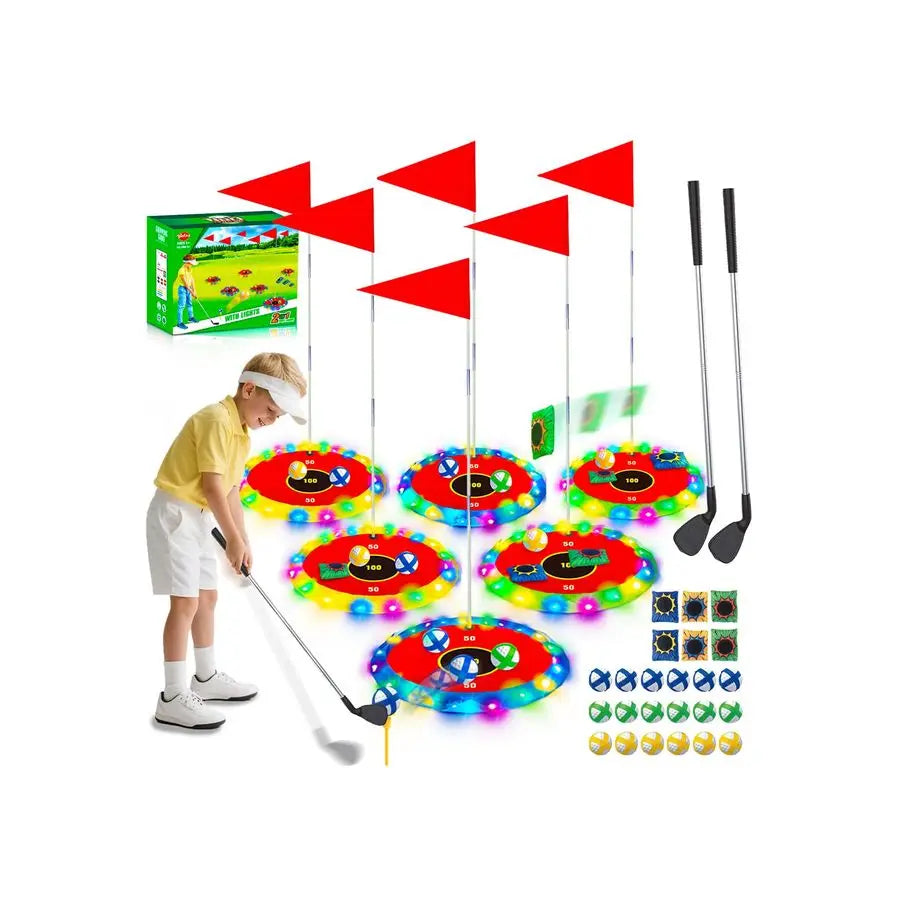 2in1 Light up Golf for Kids Golf Chipping Game amp Bean Bag Toss with 6 LED Targets, 2 Clubs, 18 Balls, Night Golfs Play for Ind