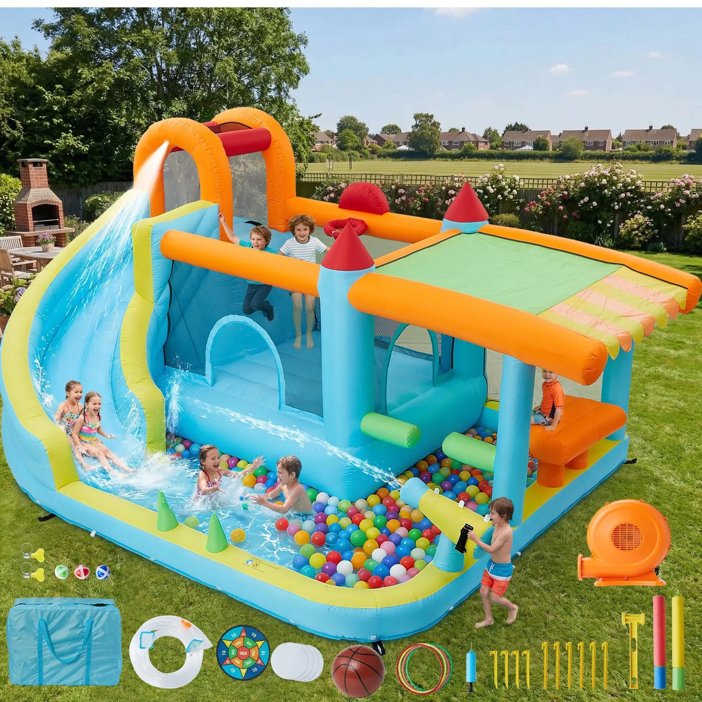 HiMISS 12-In-1 Inflatable Water Bounce House With Slide For Backyard