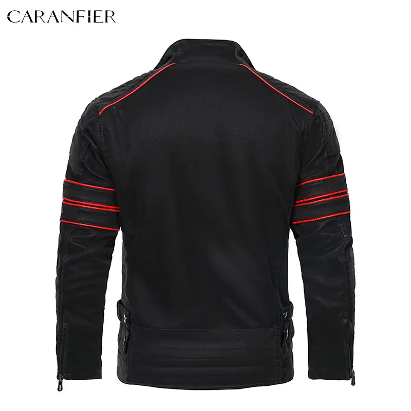 CARANFIER Mens Leather Jacket Washed Retro Velour PU Biker Coat