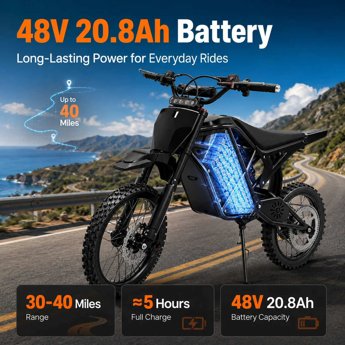 3000W Peak Power Electric Dirt Bike with Dual Suspension