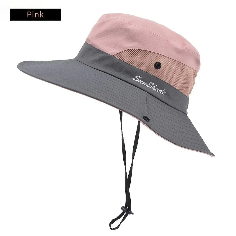 Breathable Mesh Wide Brim Sun Hat With Ponytail Hole For Beach And Fishing