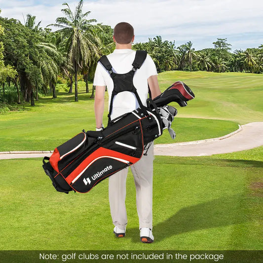 Man carrying a black and red golf bag on a golf course