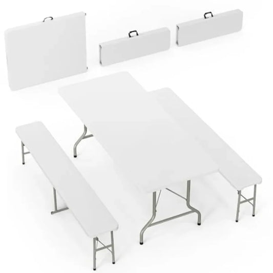 Folding Picnic Table Set With Two Benches Plastic Indoor Outdoor Portable