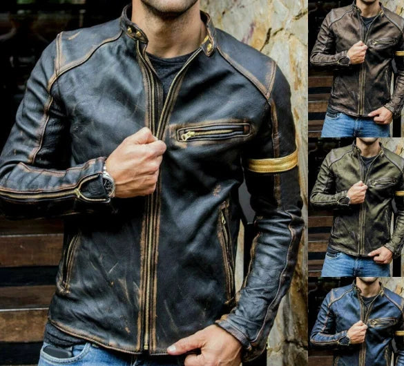 JUMPSNOW Retro Leather Moto Jacket For Men Streetwear Outerwear