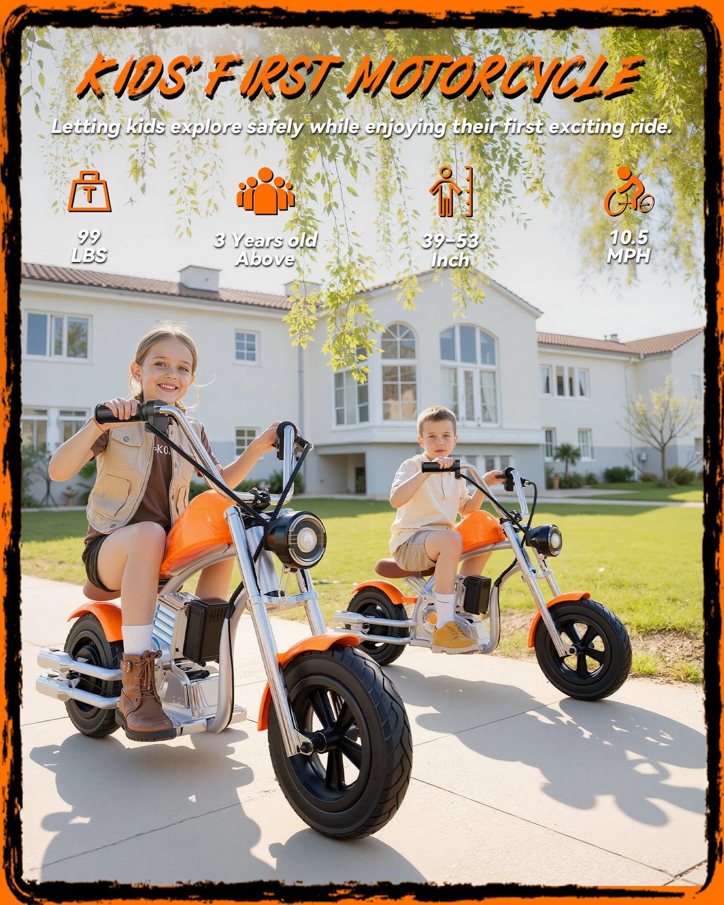 Kids Electric Motorcycle, 18V Electric Dirt Bike for Kids, 160W Motor 10MPH Fast Speed Retro Motocross with LED Lights,Orange