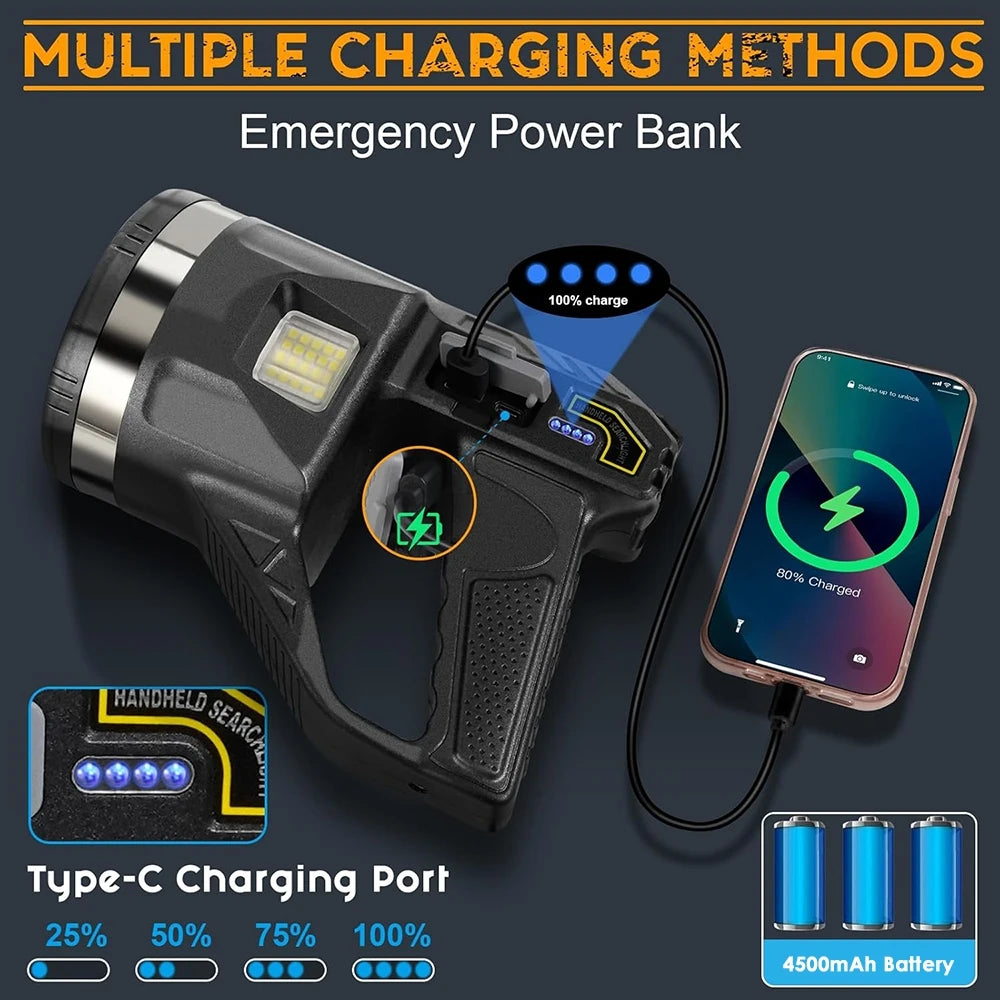 Rechargeable Spotlight LED Handheld Flashlight With Built In Power Bank