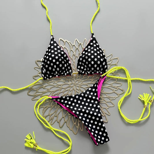Polka Dot Two Piece Bikini Set Halter Top String Tie Side Swimwear