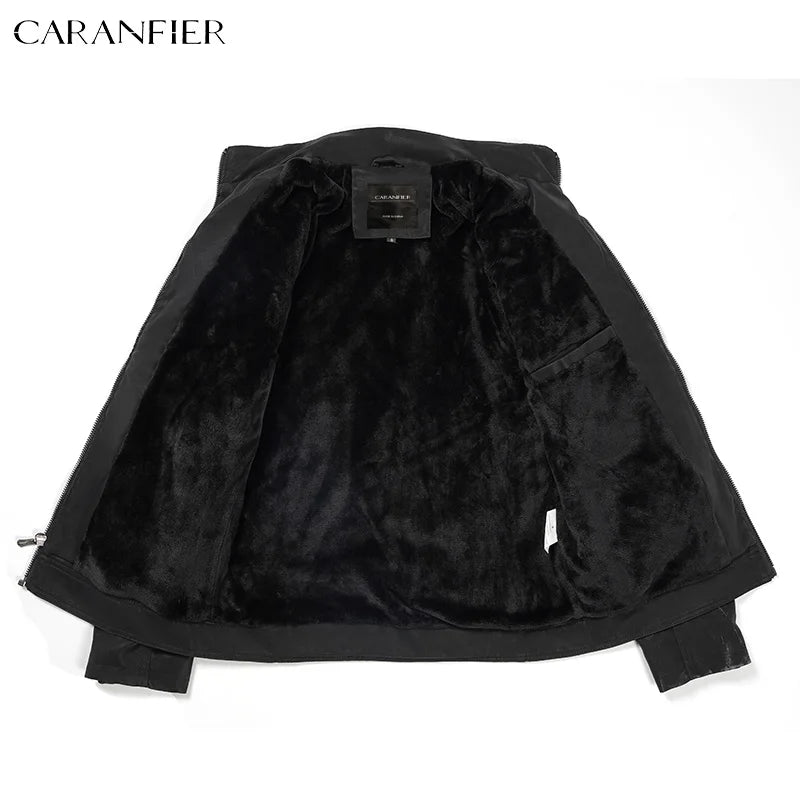 CARANFIER Mens Leather Jacket Washed Retro Velour PU Biker Coat