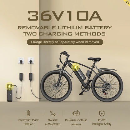26'' Electric Bike for Adults,750W Peak Motor Mountain Ebike,22MPH Up to 45 Miles,7-Speed,Removable Battery,Commuter E-Bike