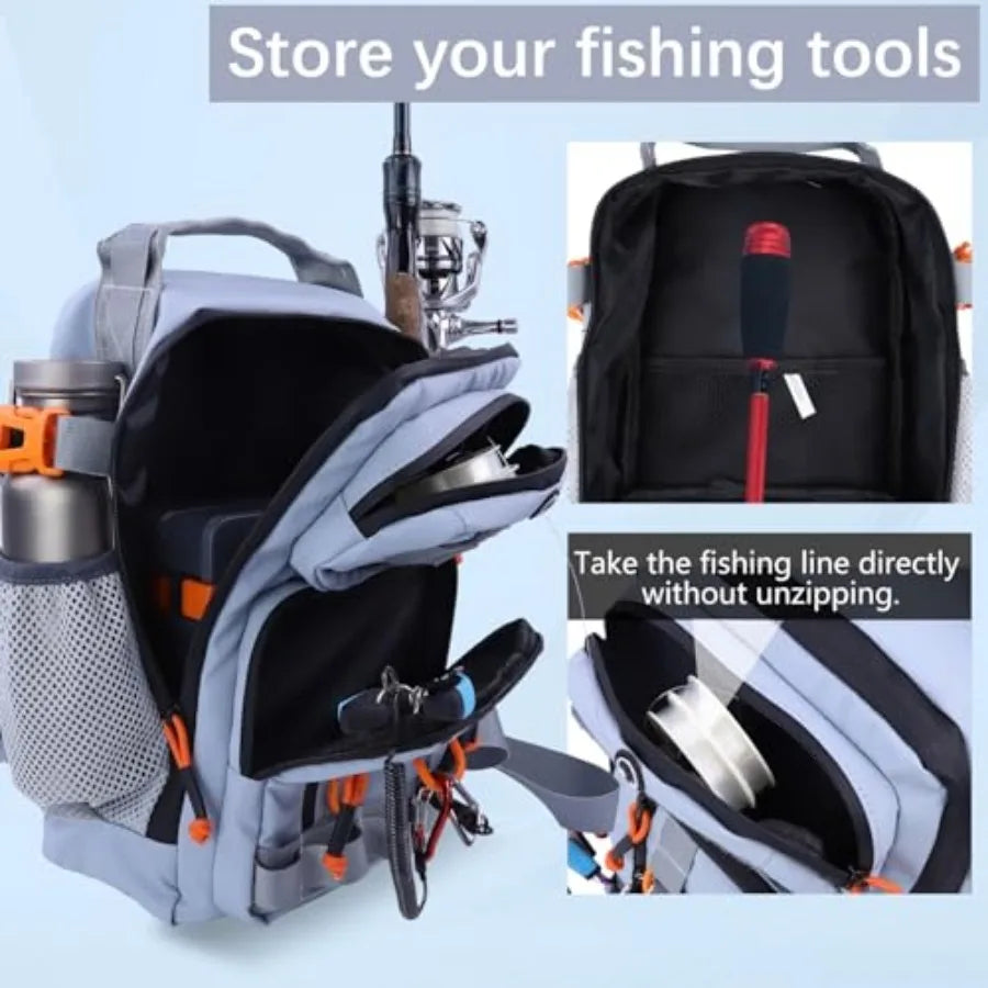 Water Resistant Fishing Backpack With Tackle Boxes And Rod Holder