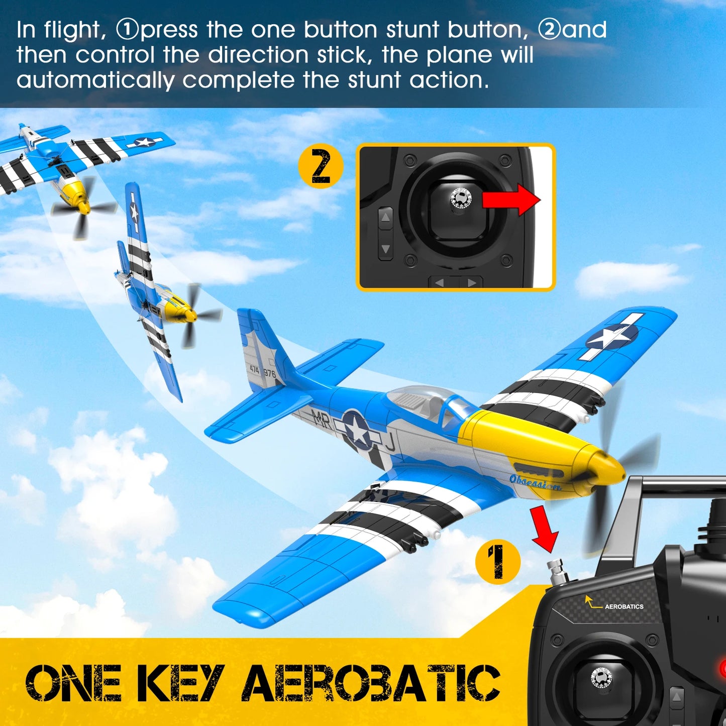 RCkuler Volantexrc 4Ch RTF RC Plane P51D Mustang OneKey Aerobatic 6Axis Gyro