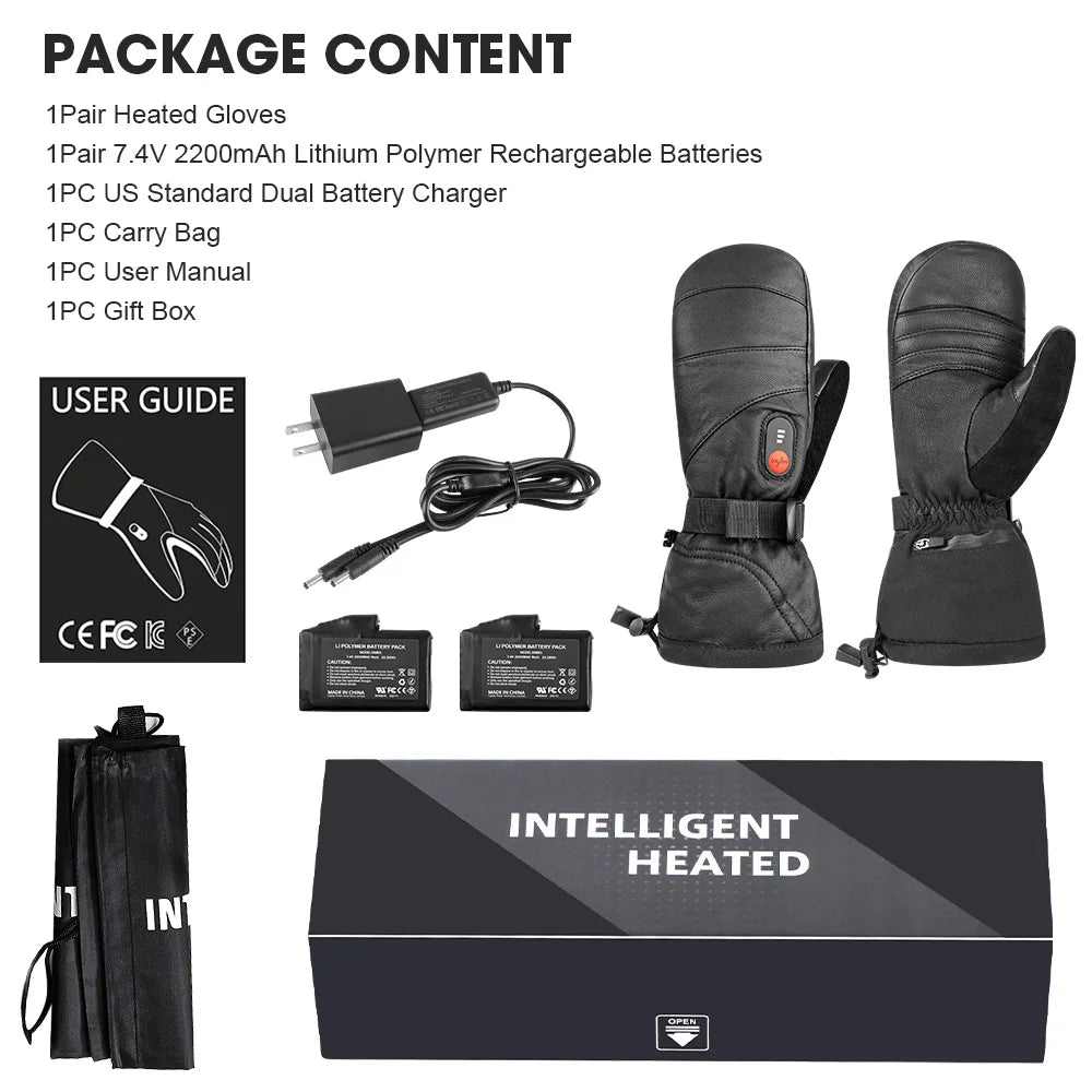 Heated gloves package with batteries, charger, user manual, and box on a white background